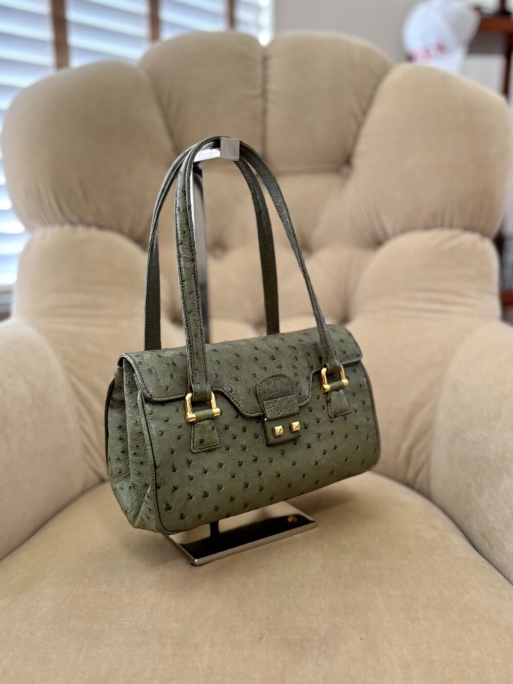 Auth SANTA MARIA Italy Genuine Ostrich Khaki Green Satchel Tote Bag...GORGEOUS! - Picture 3 of 8